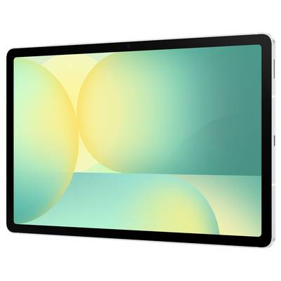 Ein Tablet mit dünnem Rahmen, dessen Display abstrakte, mehrfarbige überlappende Kreise und Verläufe in Grün-, Gelb- und Blautönen zeigt.