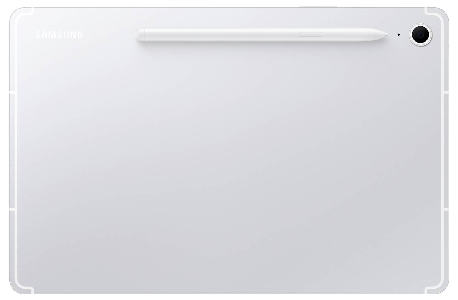 Eine weiße Tablette, von hinten betrachtet, mit einer Rückkamera und einem Stylus, der magnetisch nahe der Oberseite befestigt ist.