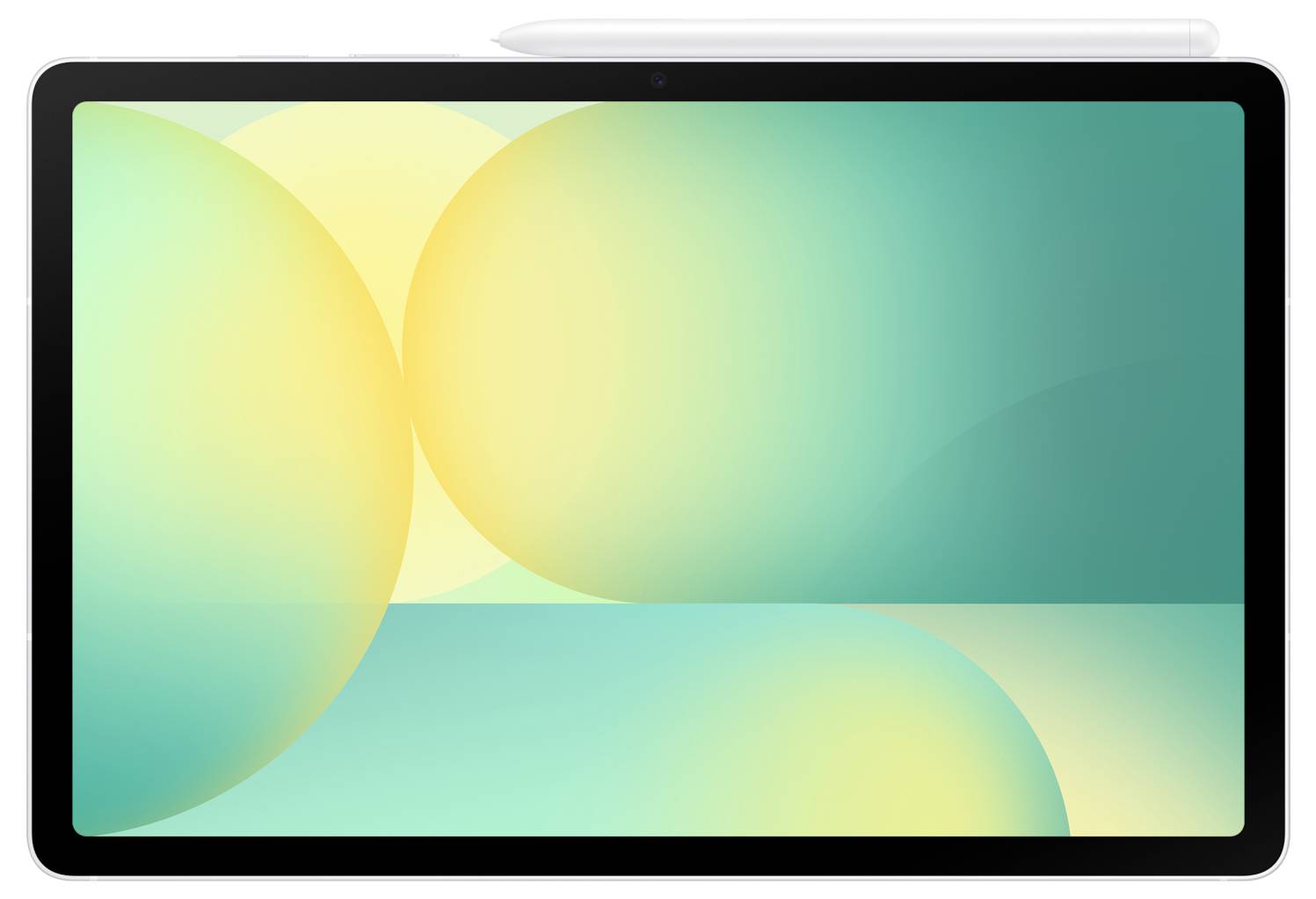 Ein Tabletgerät mit einem Stylus oben drauf, das einen Bildschirm mit abstrakten grünen und gelben sphärischen Formen zeigt.