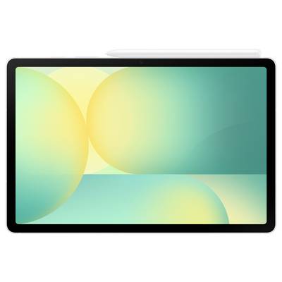 Ein Tabletgerät mit einem Stylus oben drauf, das einen Bildschirm mit abstrakten grünen und gelben sphärischen Formen zeigt.