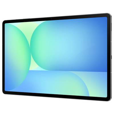 Ein schlankes, dünnes Tablet mit einem leuchtenden Bildschirm, der abstrakte grüne und blaue Kreisdesigns auf einem blauen Verlaufshintergrund zeigt.