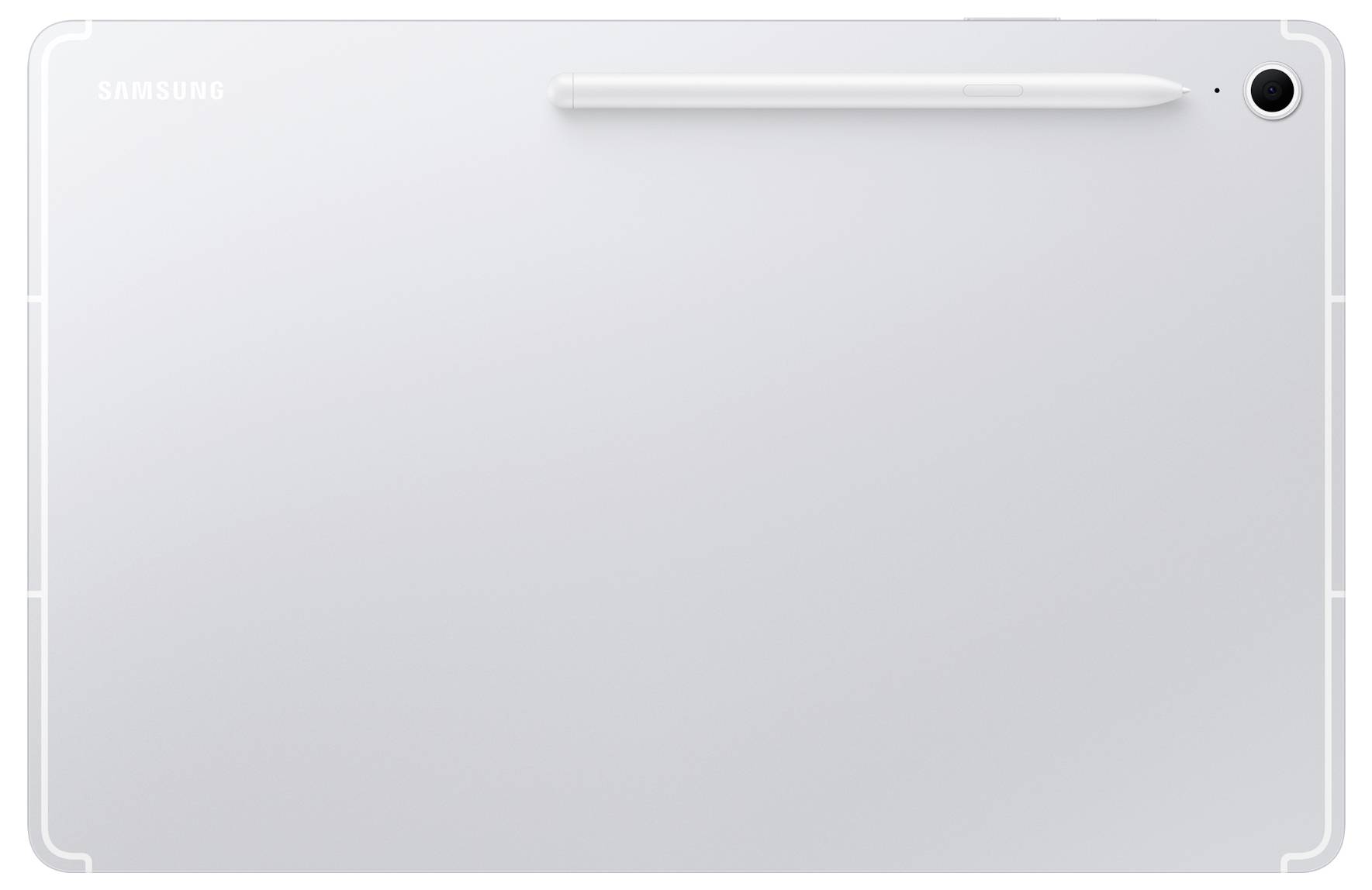 Ein weißes Tablet mit einem Stylus, der horizontal darauf platziert ist. Die Kameralinse ist in der oberen rechten Ecke sichtbar.