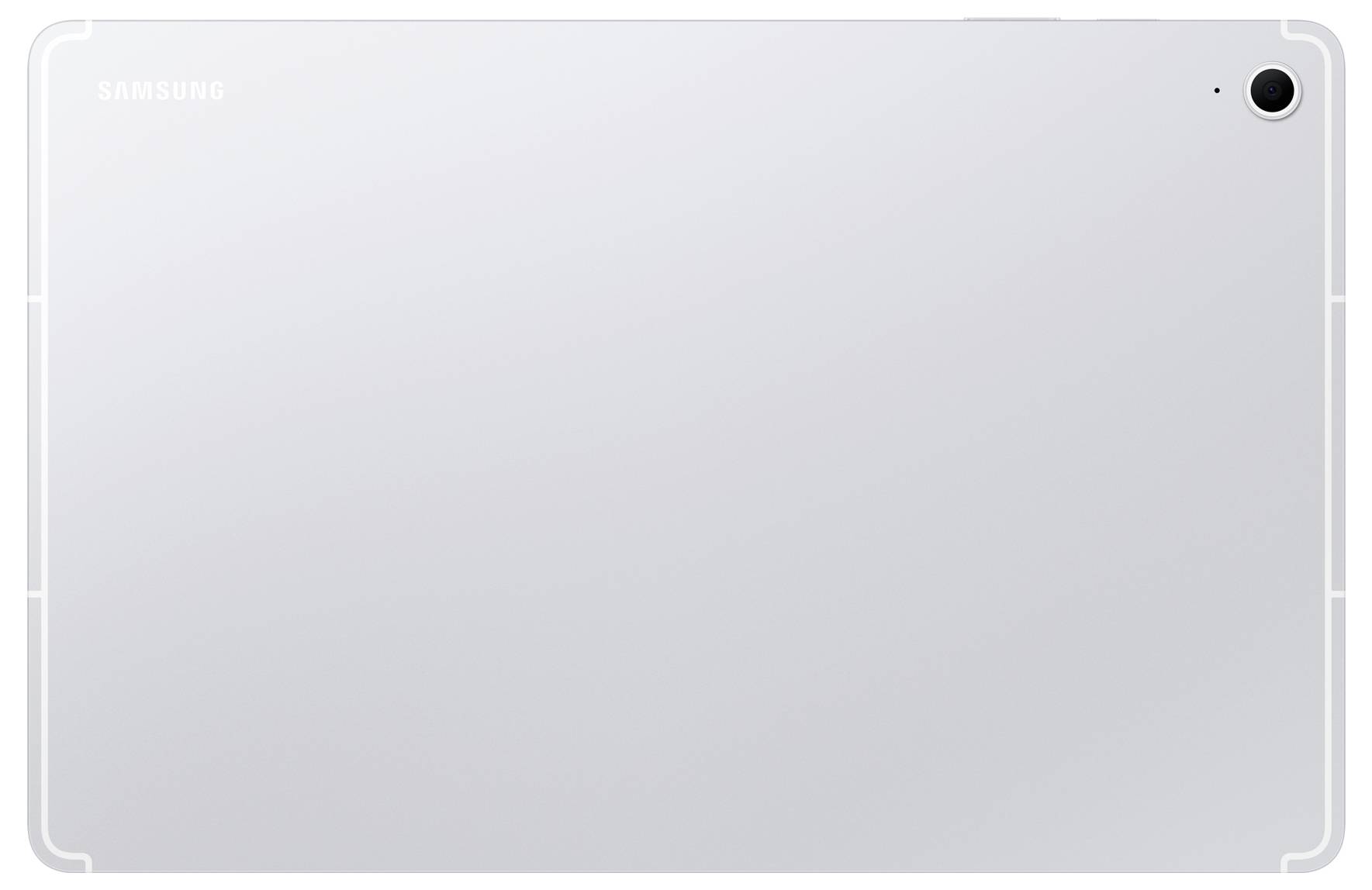 Silberne Tablet-Rückseite mit einer Kameralinse in der oberen rechten Ecke und dem Herstellerlogo in der oberen linken Ecke.