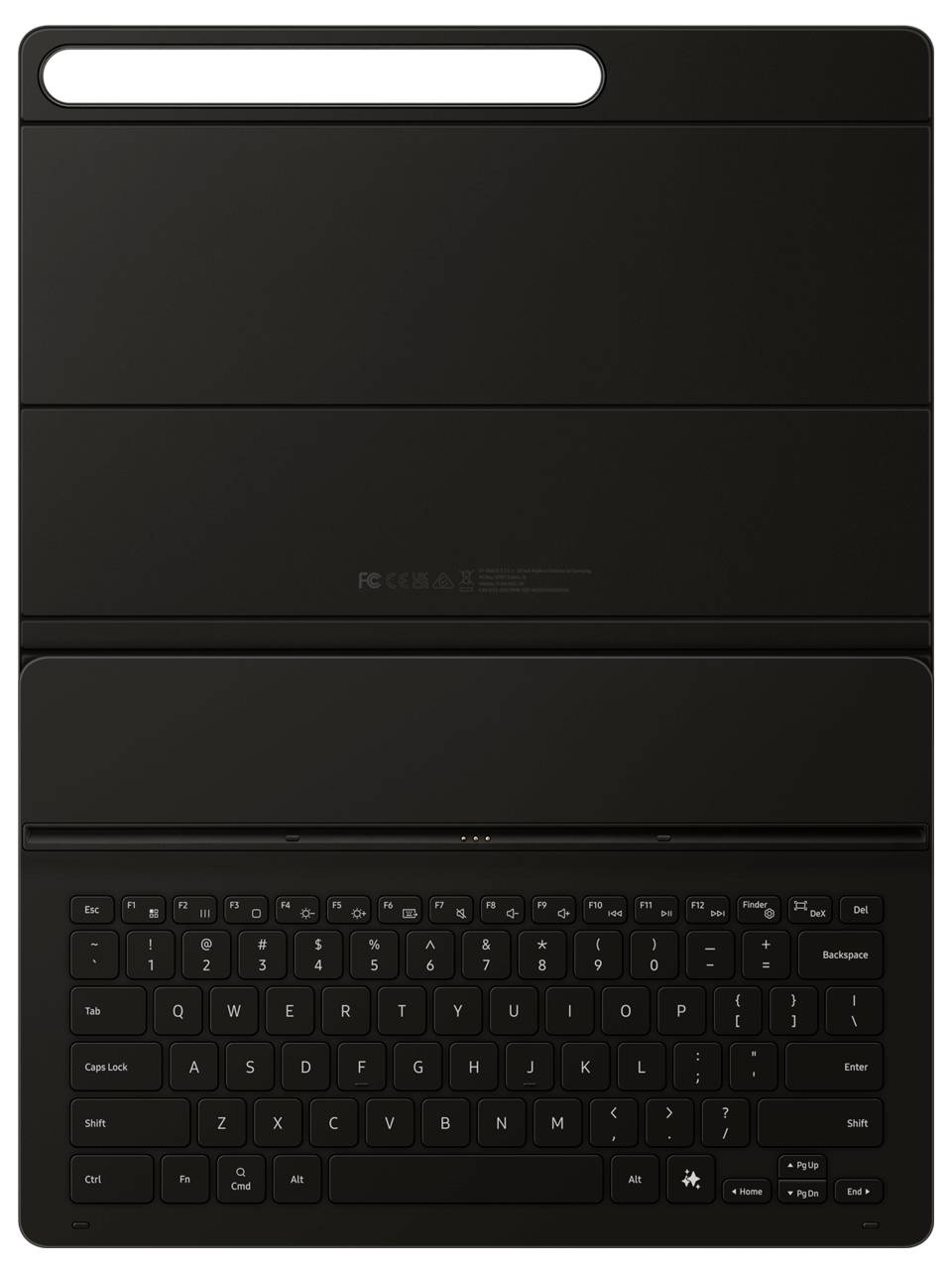 Eine schwarze Tablet-Hülle mit integrierter Tastatur im QWERTZ-Layout und verschiedenen Funktionstasten.
