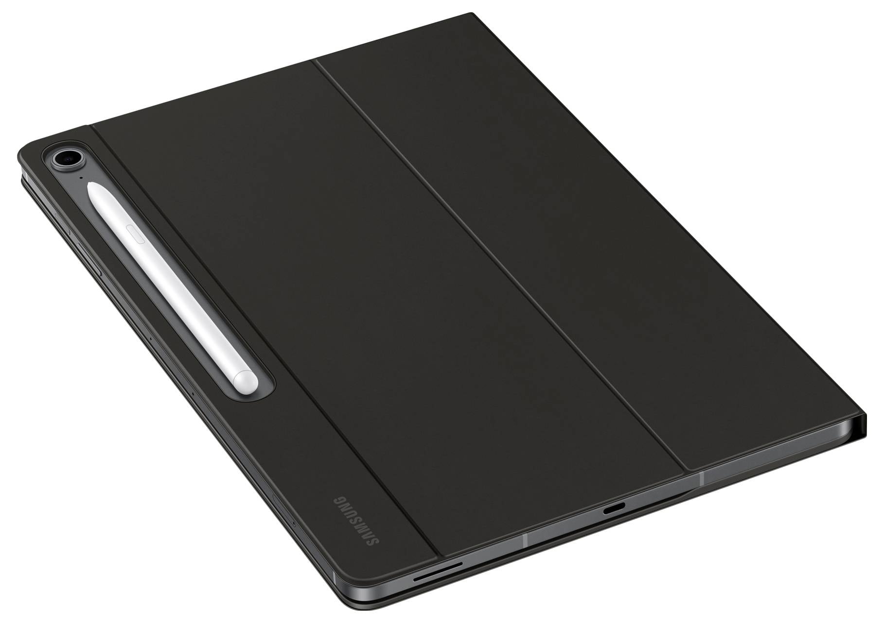 Ein schwarzes Tablet mit einem Stylus, der an der Rückseite befestigt ist und ein minimalistisches Design aufweist. Das Logo des Geräts ist dezent sichtbar.