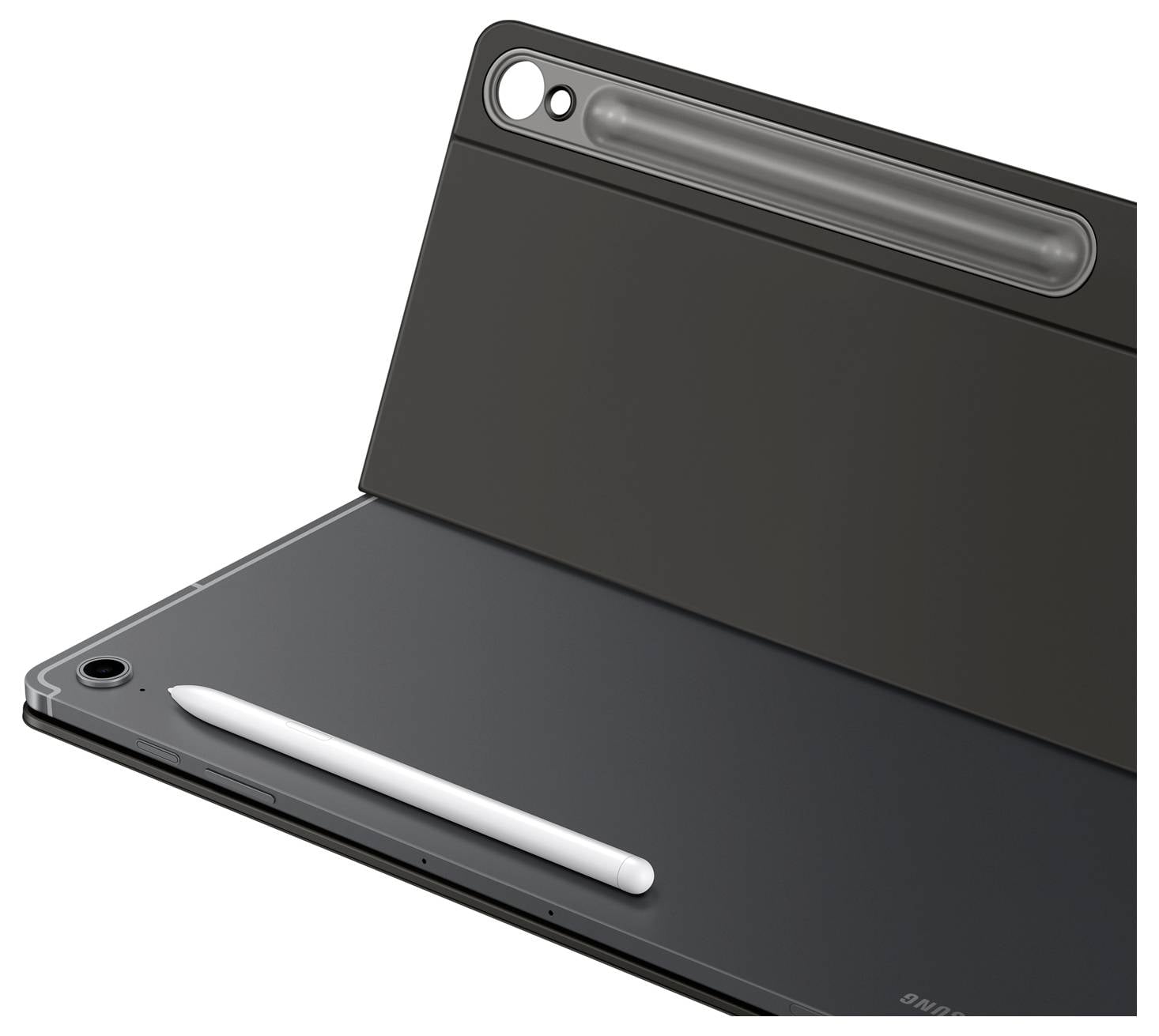 Ein Tablet mit einem dunklen Gehäuse und einem Eingabestift, der darauf liegt, wobei die Rückkamera und das elegante Design zu sehen sind.