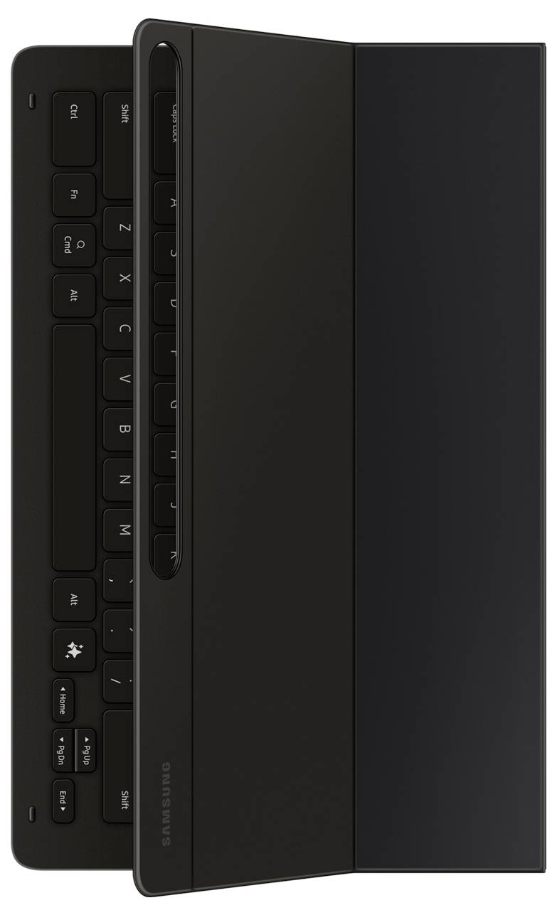 Eine schwarze kabellose Tastatur mit strukturierten Tasten, in geneigter Ansicht, mit Samsung-Branding.