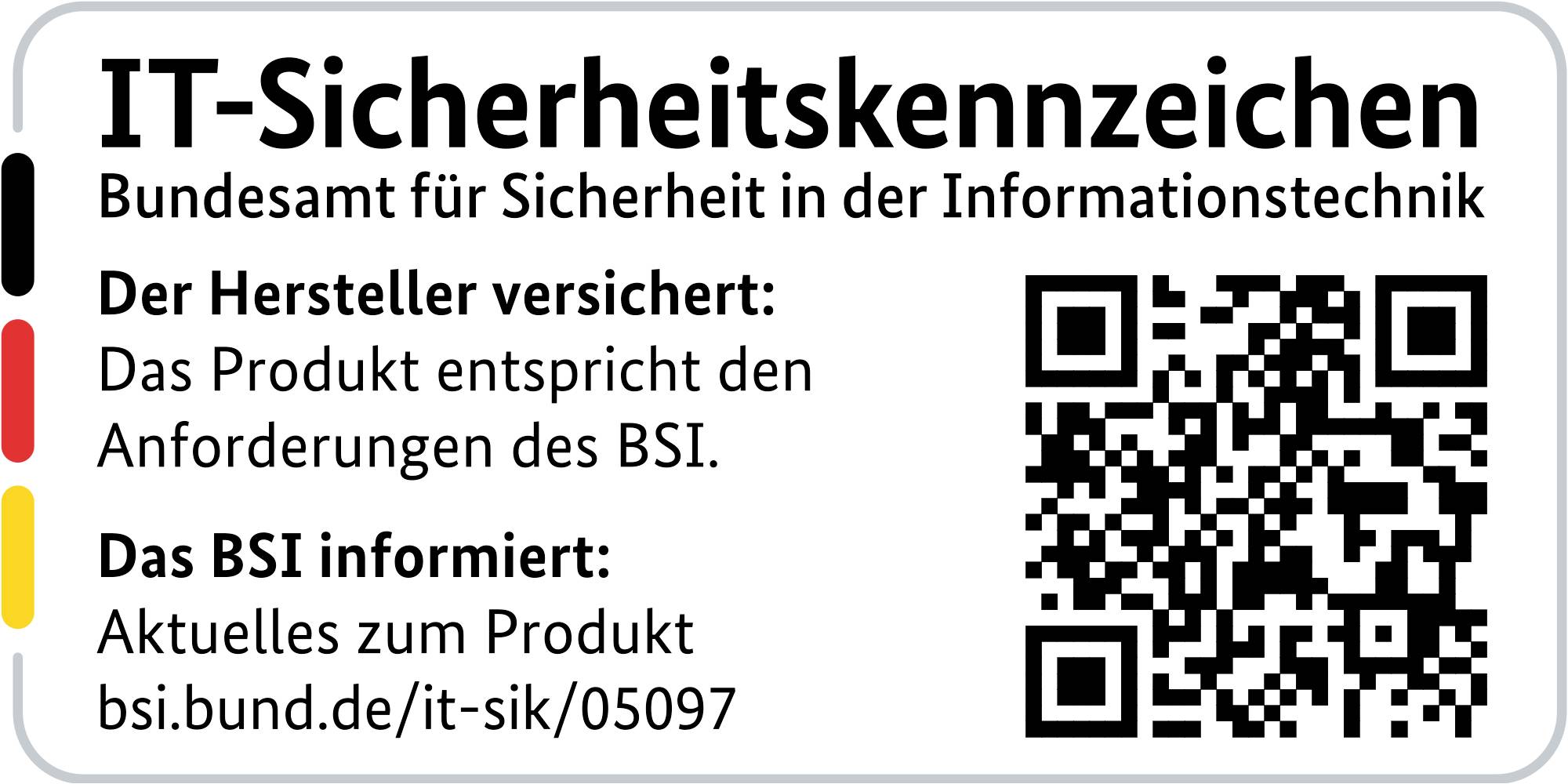 IT-Sicherheitskennzeichen des BSI. Der Hersteller versichert, das Produkt entspricht BSI-Anforderungen. QR-Code für weitere Infos.
