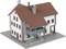 Ein Modellhaus mit rotem Dach und weißer Fassade, das zwei Stockwerke hat. Es besteht aus einem Eingangsbereich mit Freitreppe.
