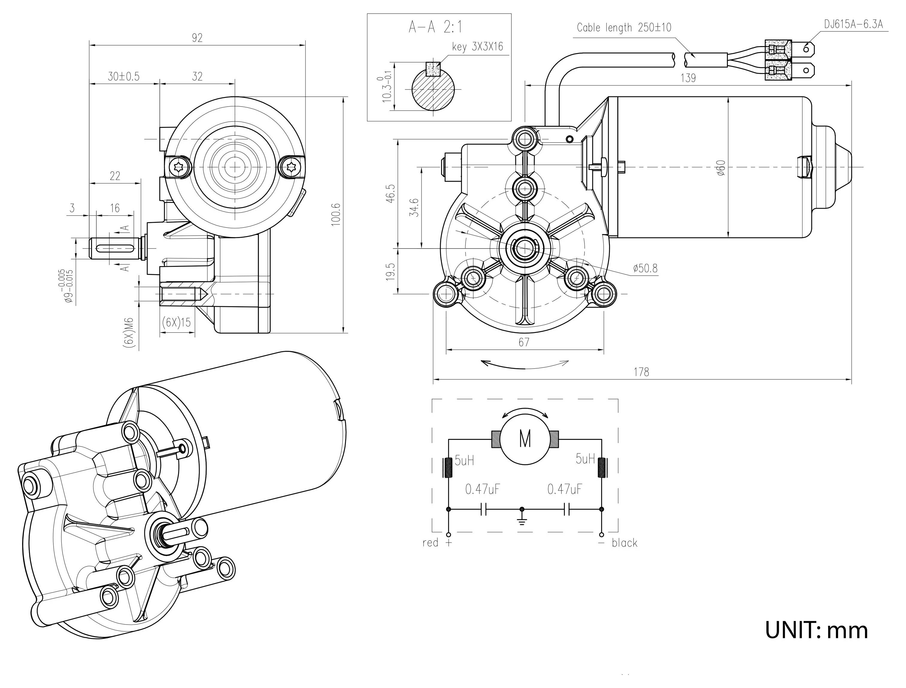 Technische Zeichnung eines zylindrischen Gleichstrommotors mit Getriebe, mehrere Ansichten, Abmessungen in Millimetern und ein kleines Schaltschema für rote und schwarze Leitungen.