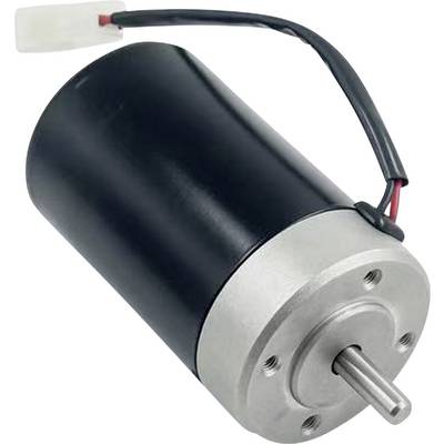 Kleiner Elektromotor mit zylindrischem schwarzem Gehäuse, silberner Fronthalterung, hervorstehendem Schaft und angebrachten roten und schwarzen Drähten mit Stecker.