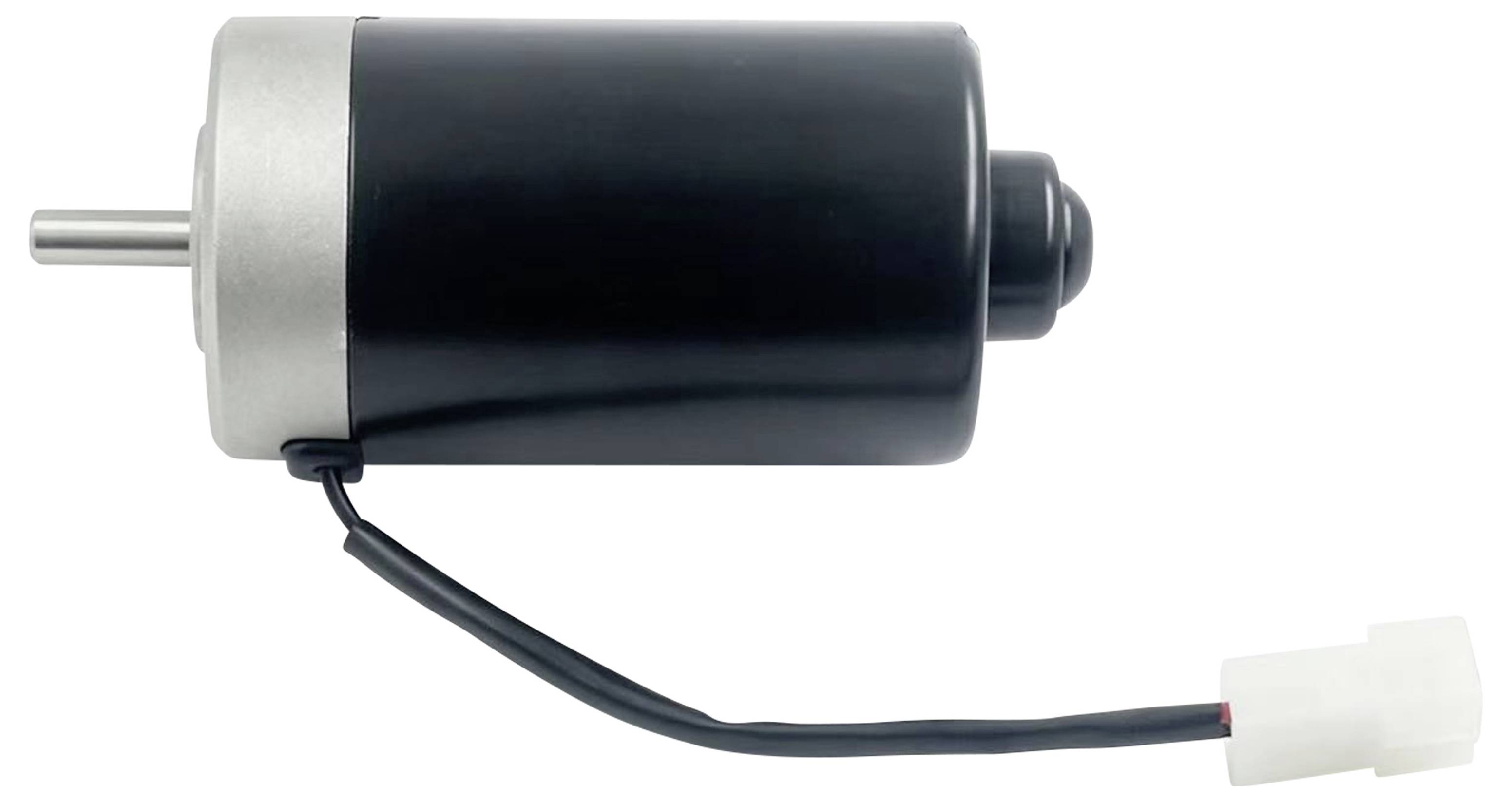 Kleiner Elektromotor mit schwarzem zylindrischem Gehäuse, silberner Endkappe und angebrachtem Stromkabel mit weißem Stecker am Ende.