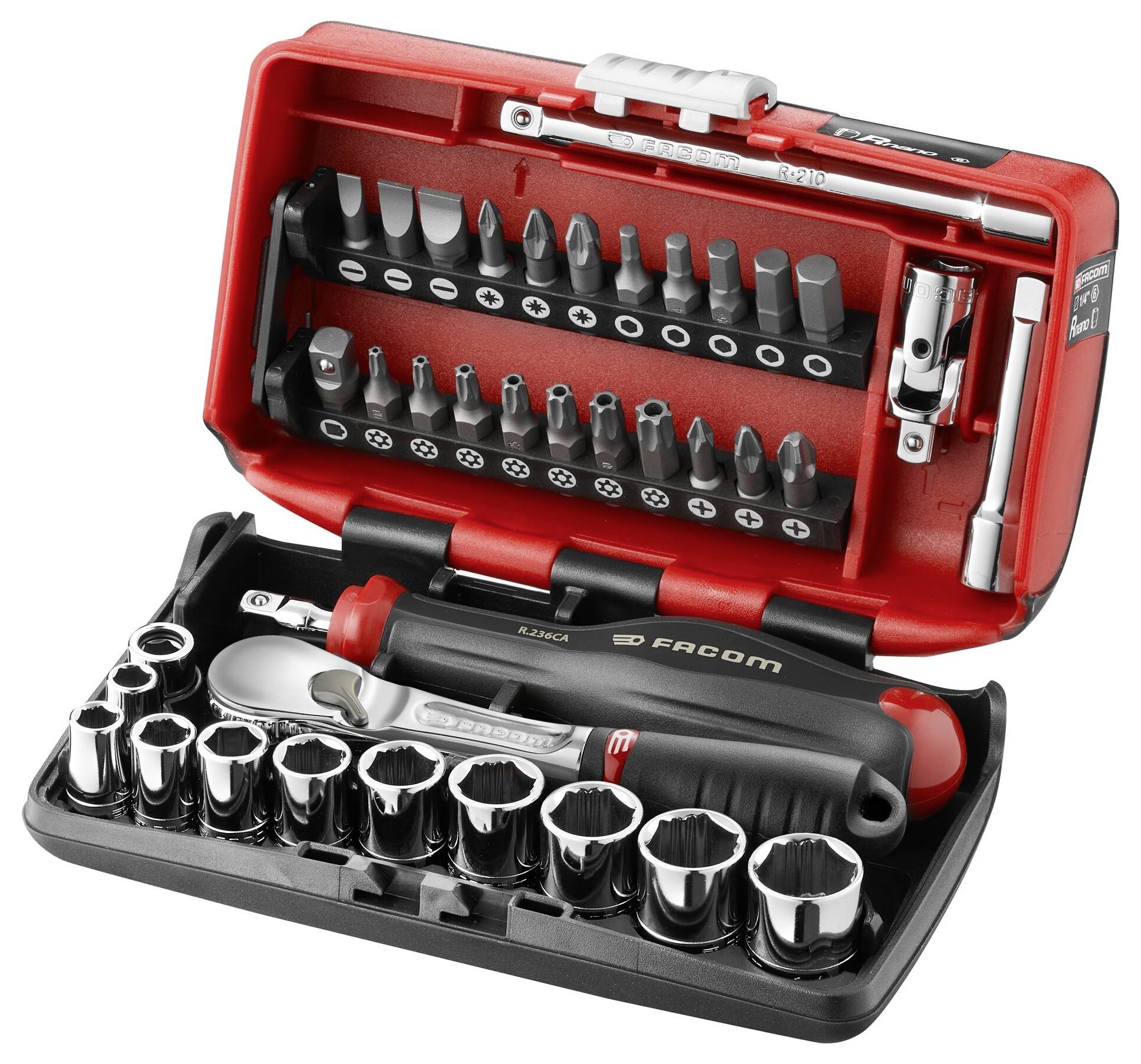 Ein roter Werkzeugkasten mit verschiedenen Aufsätzen und einem Schraubenschlüssel. Enthält diverse Bits und Nüsse für Reparaturen.