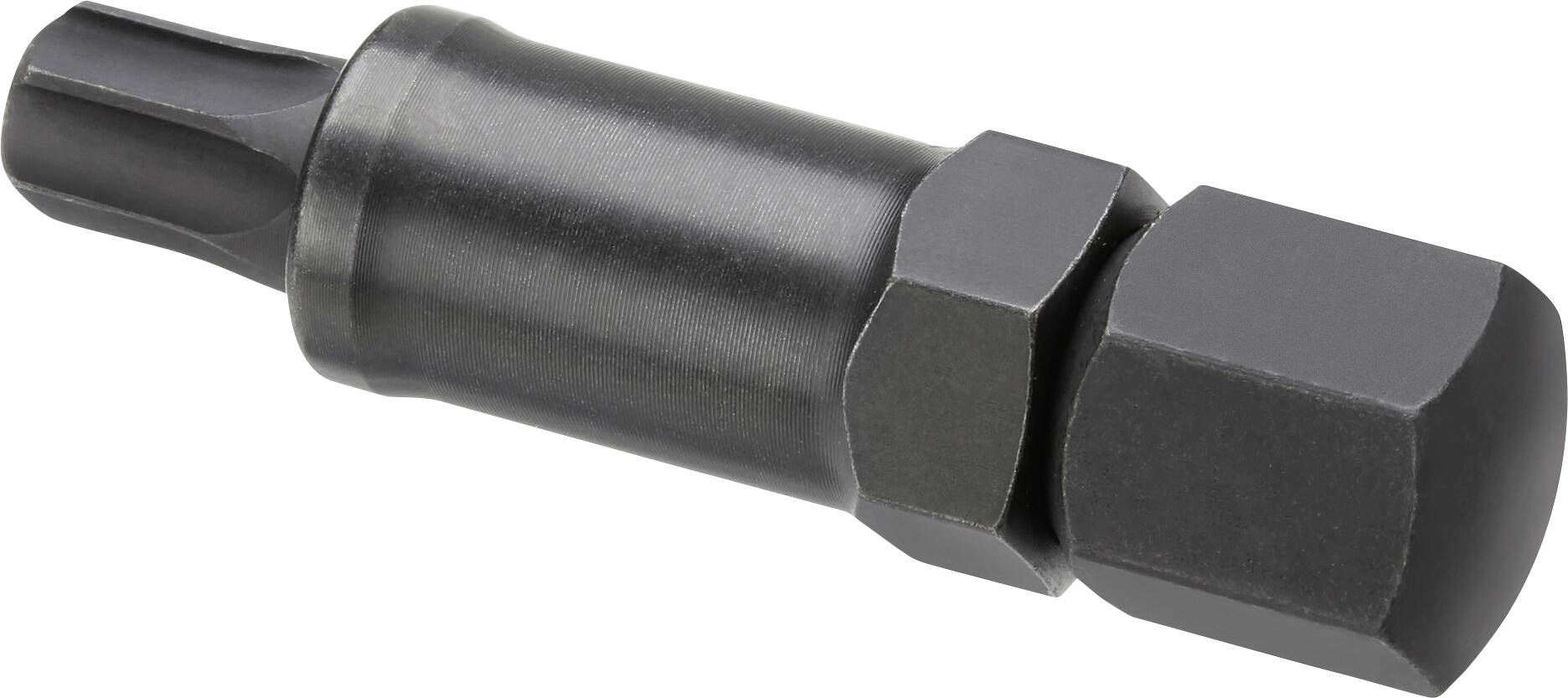 Ein schwarzer Werkzeugaufsatz mit hexagonalem Ende. Er wird vermutlich für Schraubarbeiten oder Adapterzwecke verwendet.