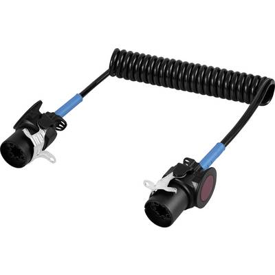 Zwei 7-polige Anhänger-Steckdosenkabel mit spiralförmigem Kabel, geeignet für die Verbindung von Anhängern oder Wohnwagen mit einem Fahrzeug.