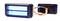 Ein rechteckiges LED-Lichtmodul mit blauem Licht, bestehend aus zwei Streifen, nebenan ein offenes Gehäuse mit Kabeln.