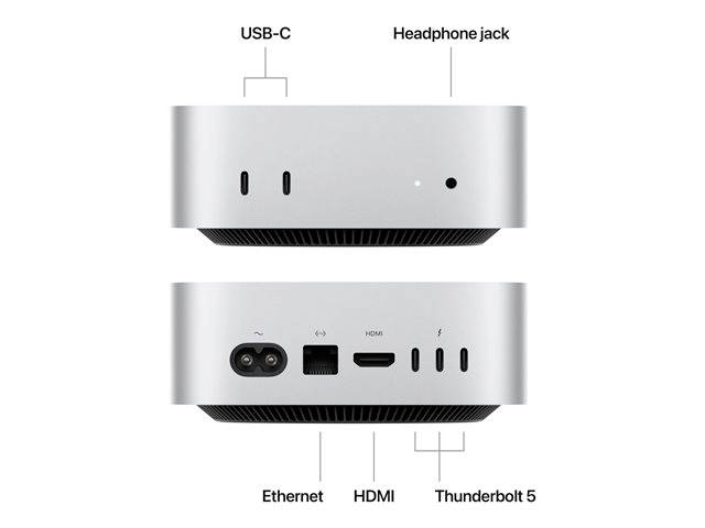 Das Bild zeigt die Vorder- und Rückseite eines silbernen Computers mit Anschlüssen: USB-C, Kopfhörer, Ethernet, HDMI, und Thunderbolt 5.