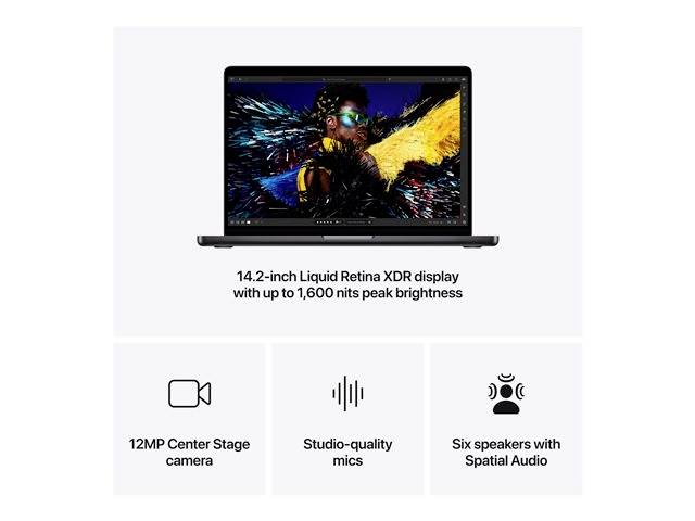 Laptop mit 14,2-Zoll Liquid Retina XDR Display, bis zu 1.600 Nits Helligkeit. Funktionen: 12MP Kamera, Studio-Mikrofone, sechs Lautsprecher mit Spatial Audio.