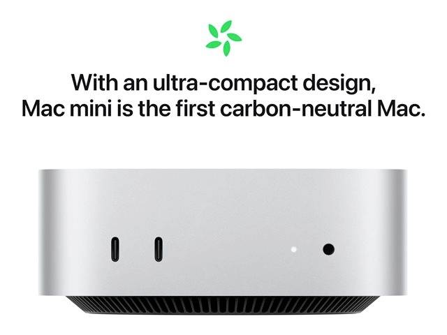 Mac mini mit ultra-kompaktem Design und erster kohlenstoffneutraler Mac. Vorderansicht mit Anschlüssen.