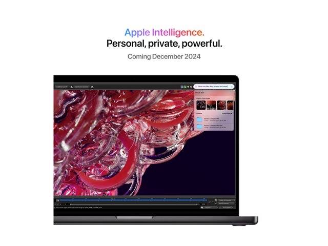 Ein Laptop mit einem abstrakten, roten Bildschirmhintergrund. Darüber Text: 'Apple Intelligence. Personal, private, powerful. Coming December 2024.'