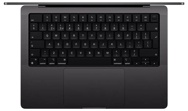 Schwarzer Laptop von oben mit Tastatur und Touchpad sichtbar.