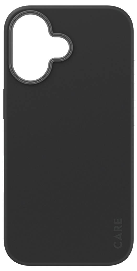 Eine schwarze Smartphone-Schutzhülle mit abgerundeten Ecken. Ein markanter Ausschnitt für die Kamera ist sichtbar.