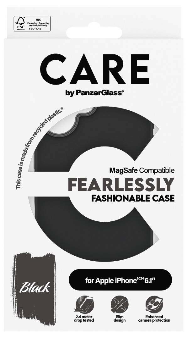 Schwarze Handyhülle von PanzerGlass, kompatibel mit MagSafe für Apple iPhone 6.1", recycelte Materialien, verstärkter Kameraschutz.