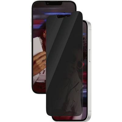 Zwei Smartphones übereinander, das vordere mit einem Sichtschutzfilter für mehr Privatsphäre und das hintere zeigt eine Person mit Sonnenbrille.