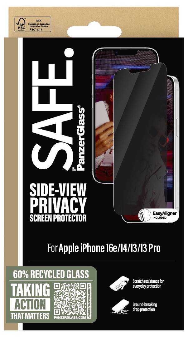 Displayschutz von PanzerGlass für iPhone-Modelle, bietet Sichtschutz und besteht aus 60 % recyceltem Glas, inklusive EasyAligner.