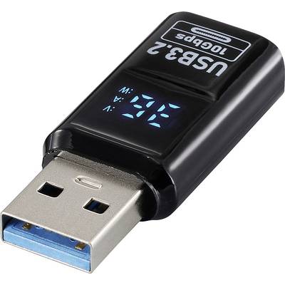 Ein schwarzer USB 3.2 Dongle mit digitalem Display, der 'M: 0A V: 5V' zeigt und zur Messung von Strom und Spannung verwendet wird.