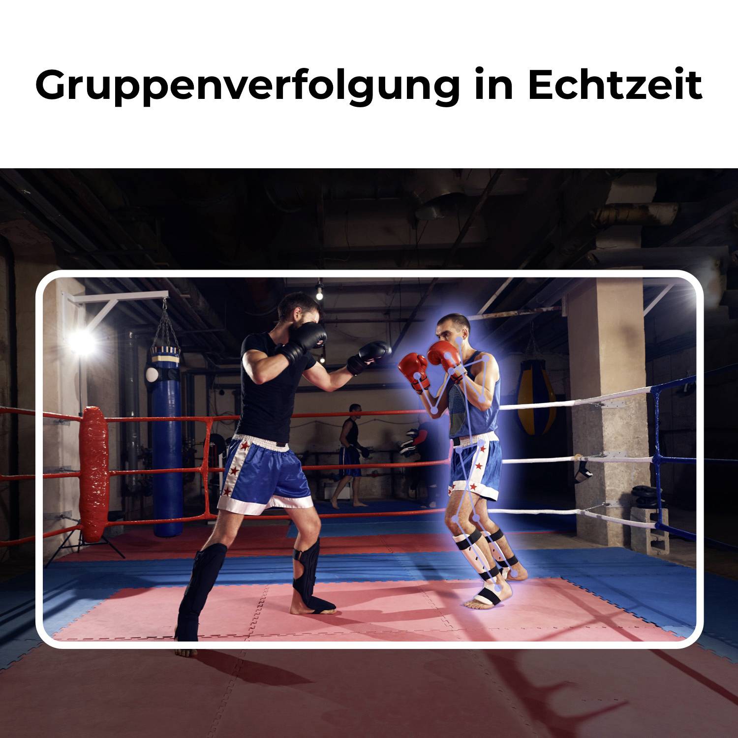 Zwei Personen boxen im Ring unter dem Titel 'Gruppenverfolgung in Echtzeit'. Sie tragen Schutzkleidung und boxen in einer Halle.