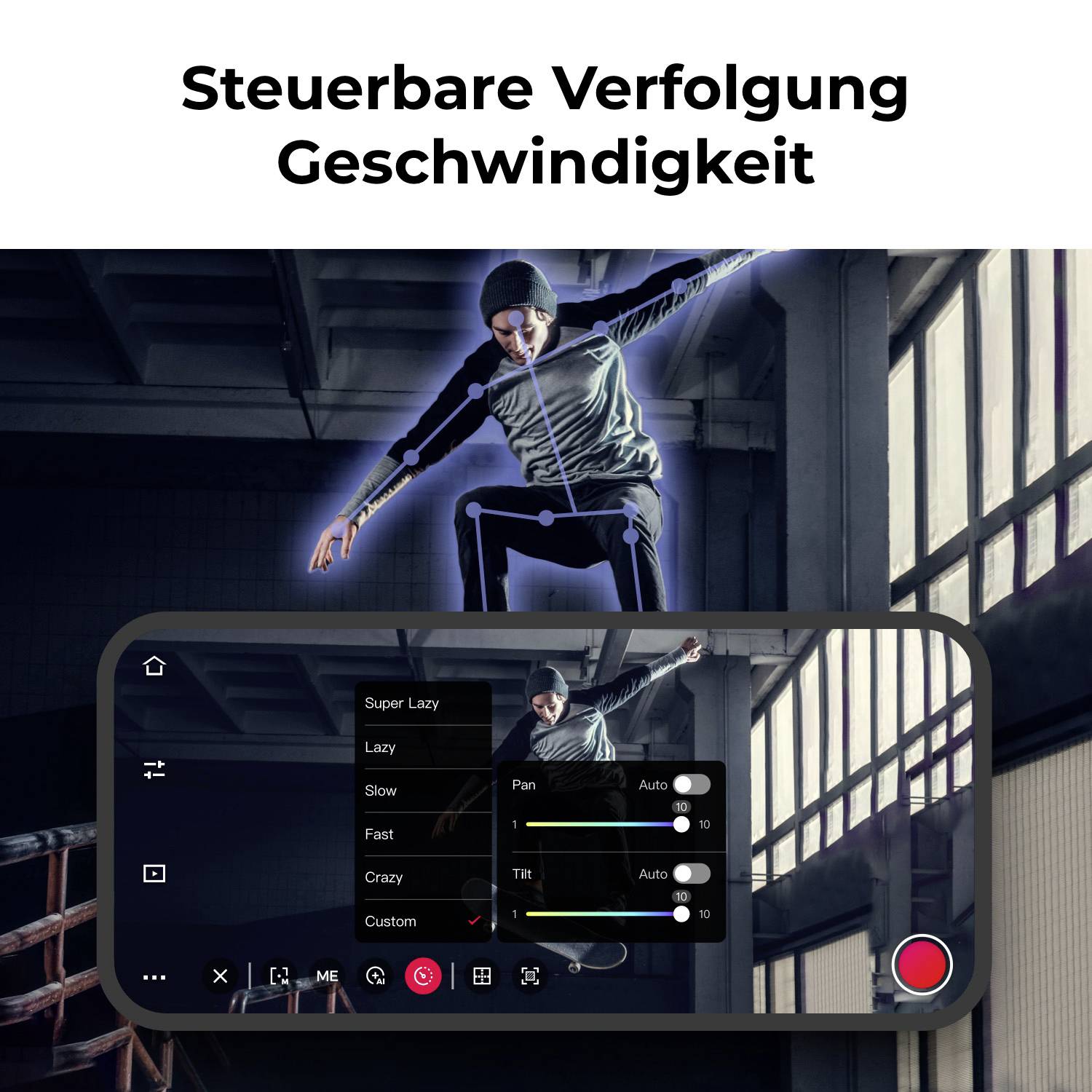Eine Person in dynamischer Pose, eingeblendet auf Mobilgerät-Display, das eine App zur Bewegungsgeschwindigkeit zeigt: 'Super Lazy', 'Lazy', 'Fast', 'Crazy', 'Custom'.