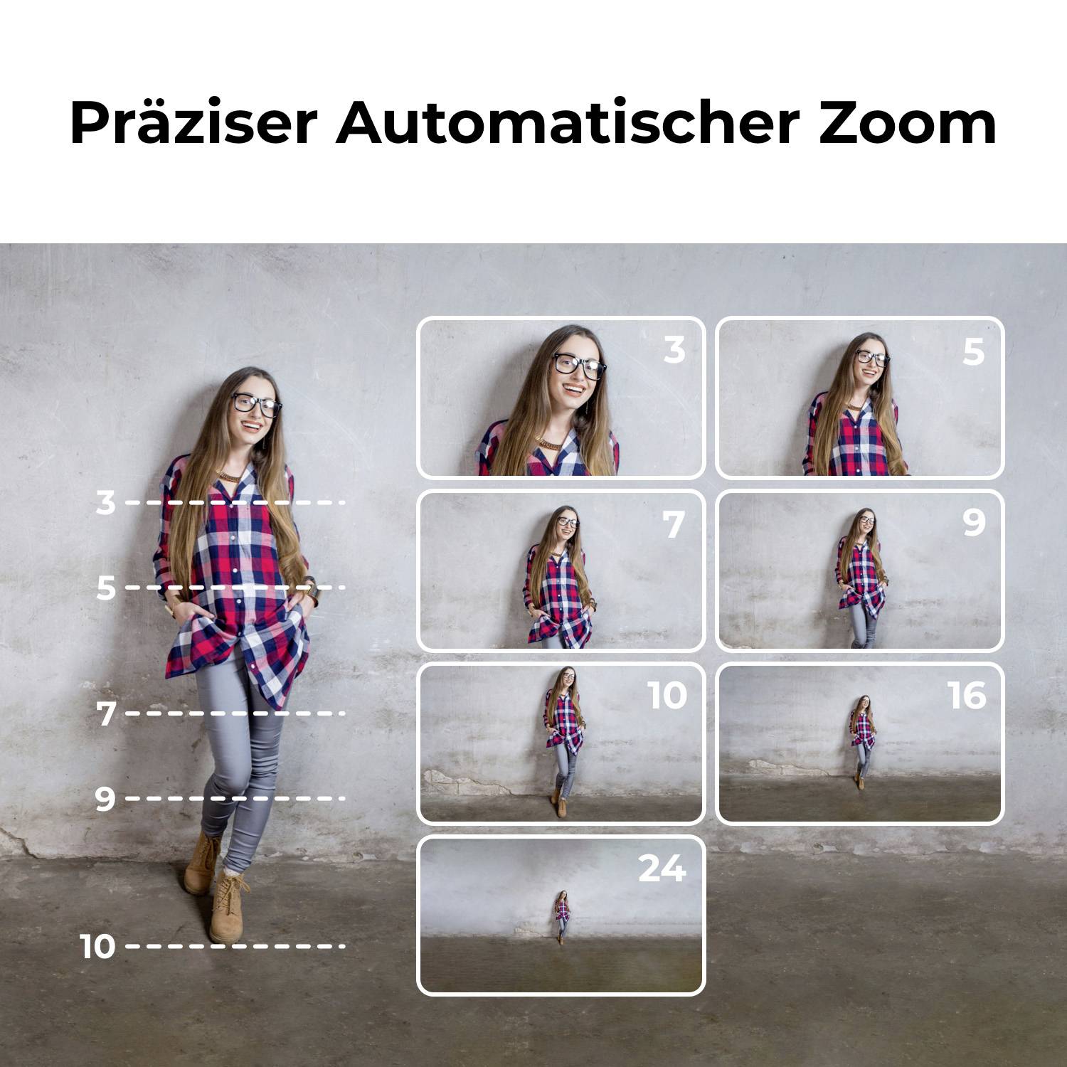 Eine Frau in kariertem Hemd steht vor einer Betonwand. Auf der rechten Seite sind Zoom-Stufen (3 bis 24) ihrer Position dargestellt.