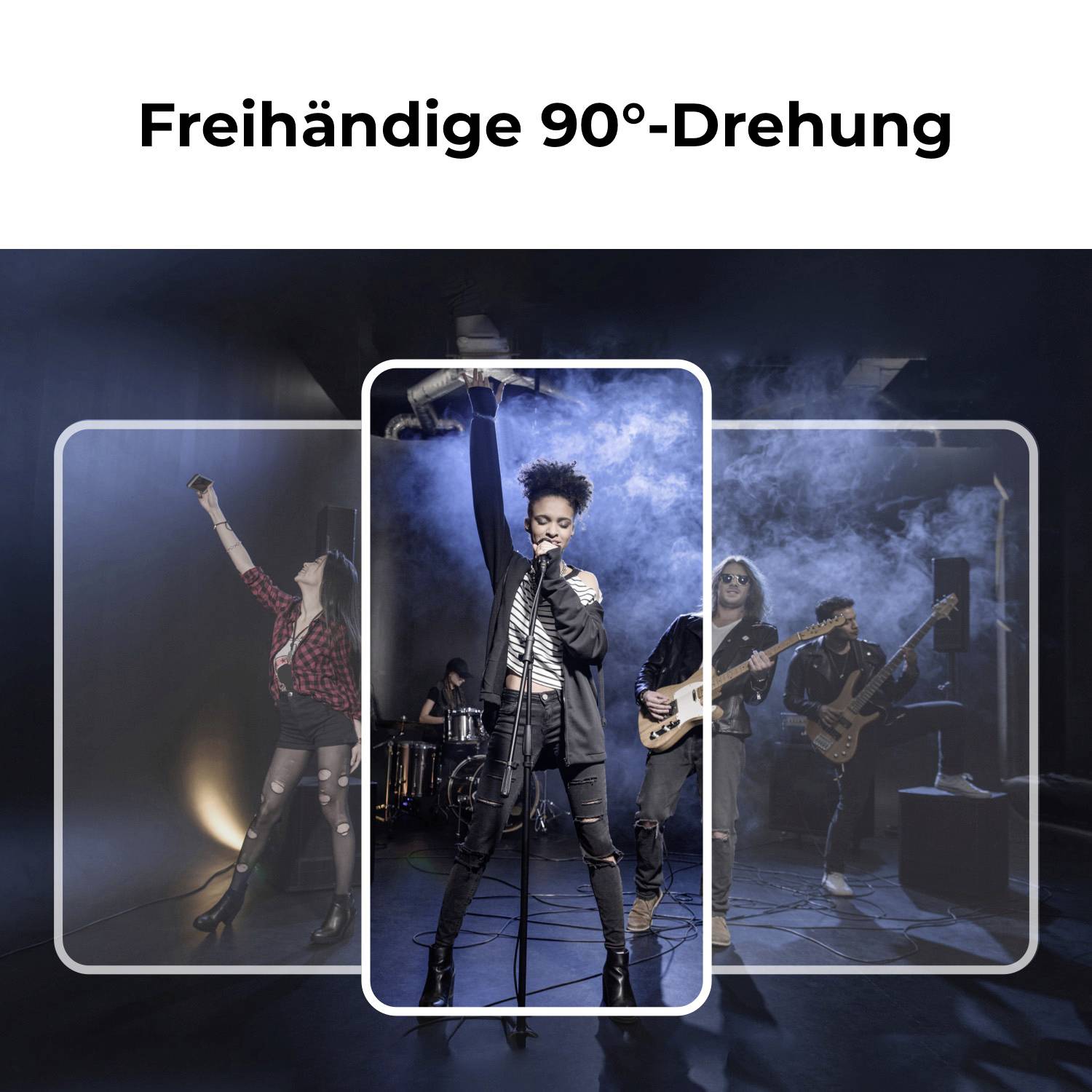 'Freihändige 90°-Drehung' steht über einem Bild von Musikern auf einer Bühne mit Instrumenten. Eine Musikerin hebt den Arm in die Höhe.