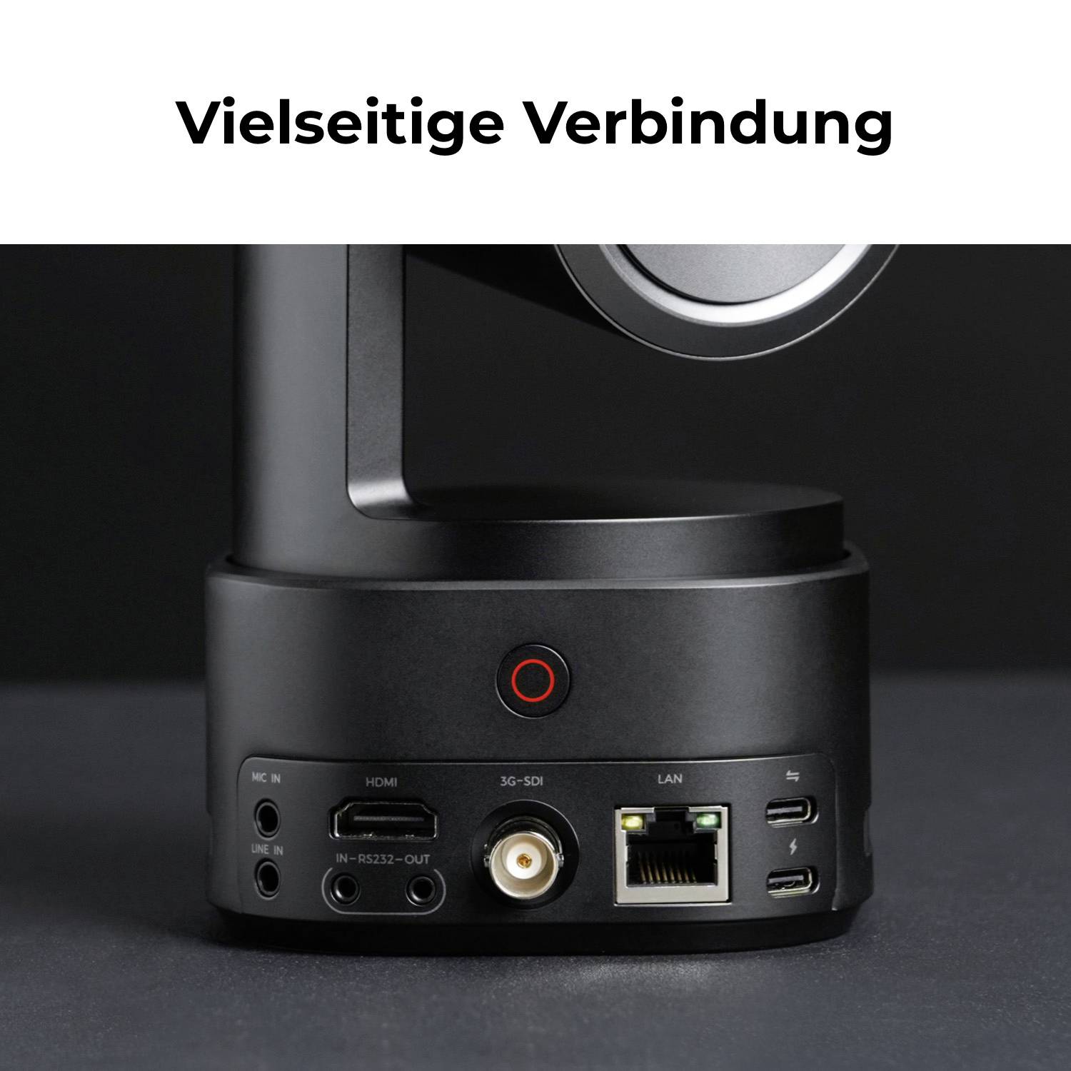 Kameraanschluss mit HDMI-, LAN- und weiteren Ports, bezeichnet als 'Vielseitige Verbindung'.