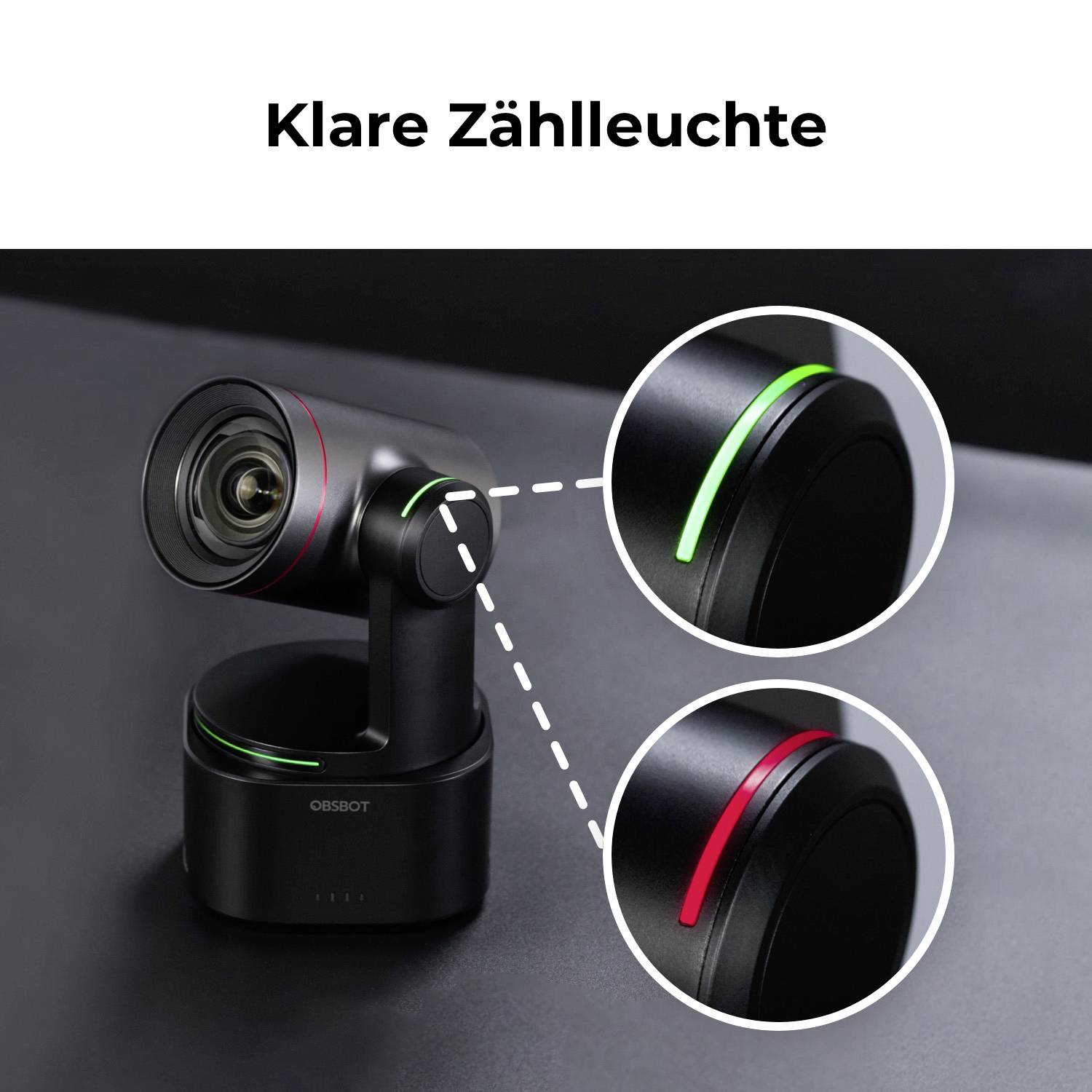 Eine Kamera mit LED-Ring auf dunklem Hintergrund. Zwei Nahaufnahmen zeigen einen grünen und einen roten beleuchteten Ring. Text: 'Klare Zählleuchte'.