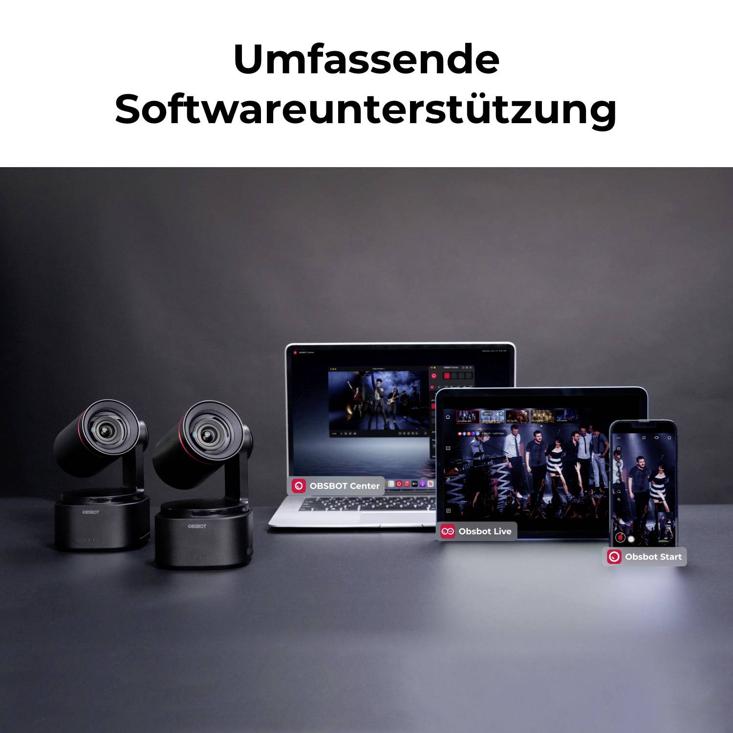 Zwei Kameras neben Laptop und Tablet mit geöffneter Software. Text oben: 'Umfassende Softwareunterstützung'.