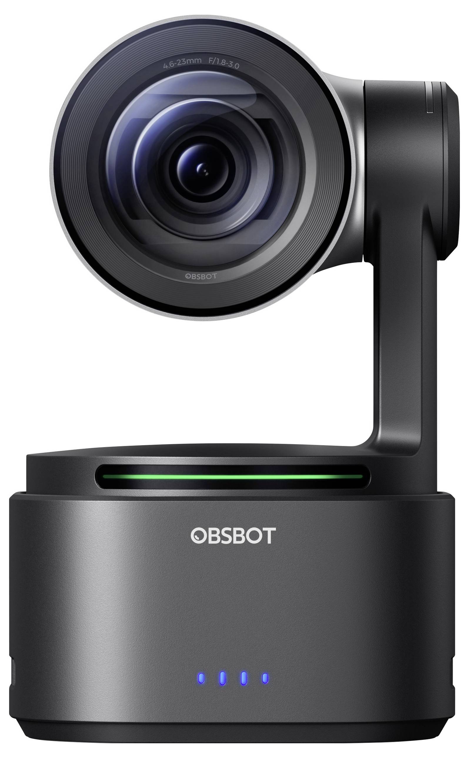 Schwarze PTZ-Kamera von OBSBOT mit Objektiv und grüner LED-Anzeige auf silbernem zylindrischem Gehäuse.