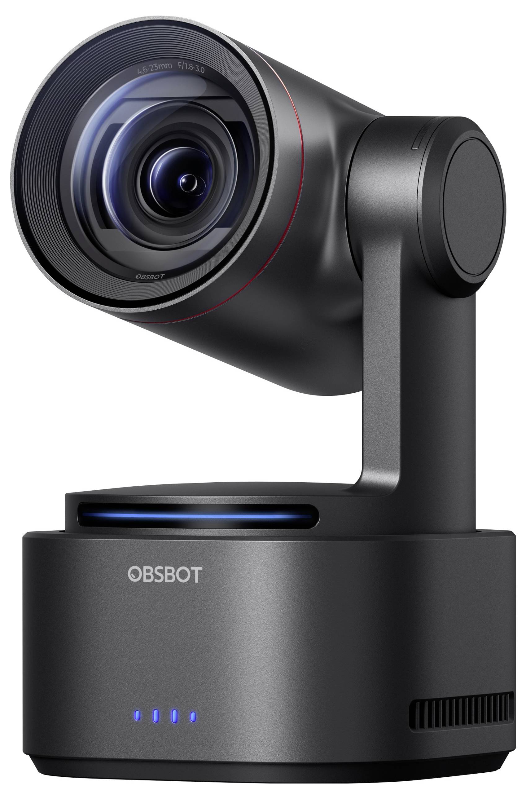Eine schwarze Webcam mit drehbarem Objektiv, markiert mit 'OBSBOT', geeignet für Videoanrufe oder Streaming.