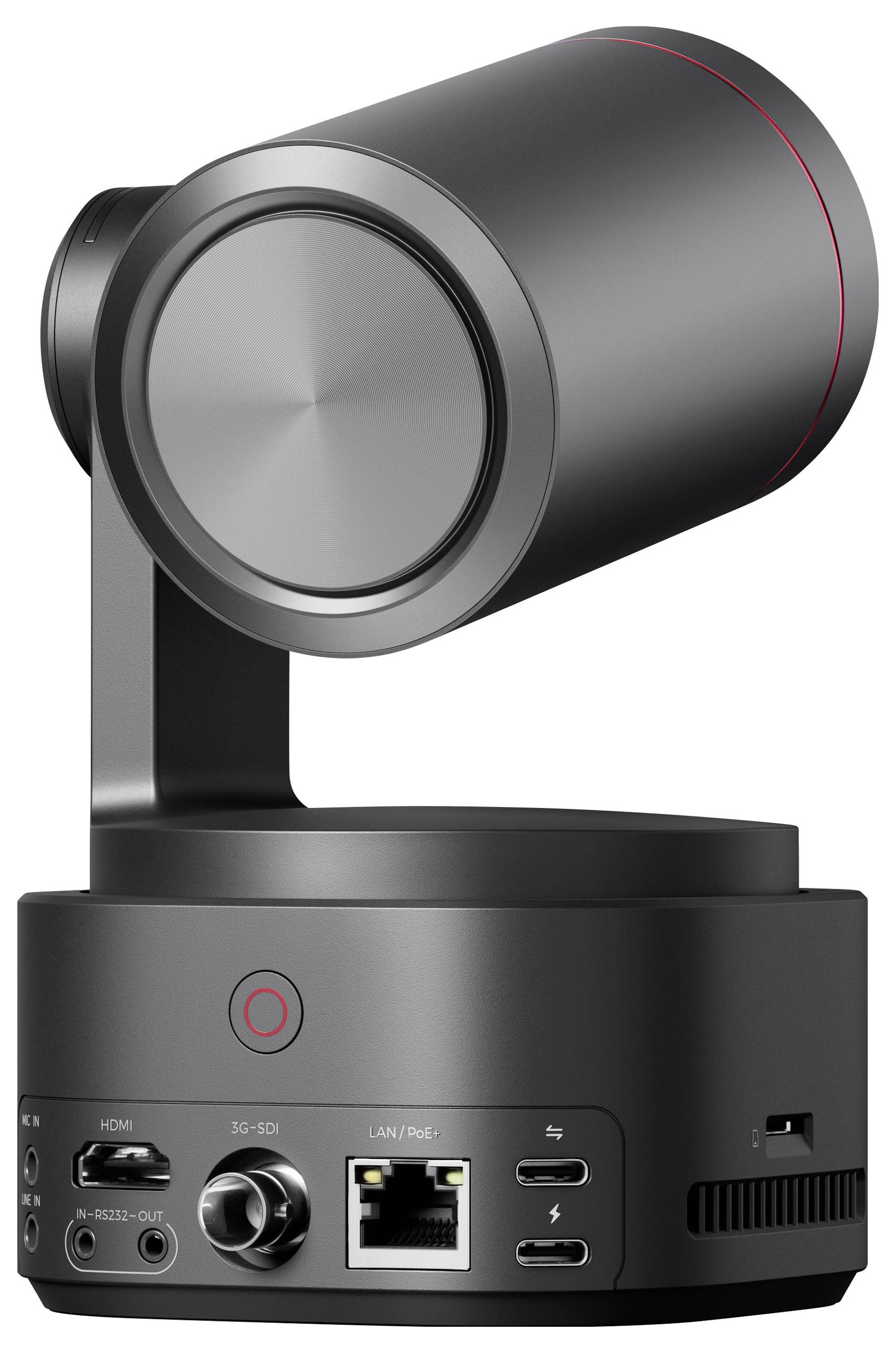 Eine schwarze, zylindrische Kamera mit schwenkbarem Objektiv, Ethernet- und HDMI-Anschlüssen auf der Rückseite, für Videokonferenzen.