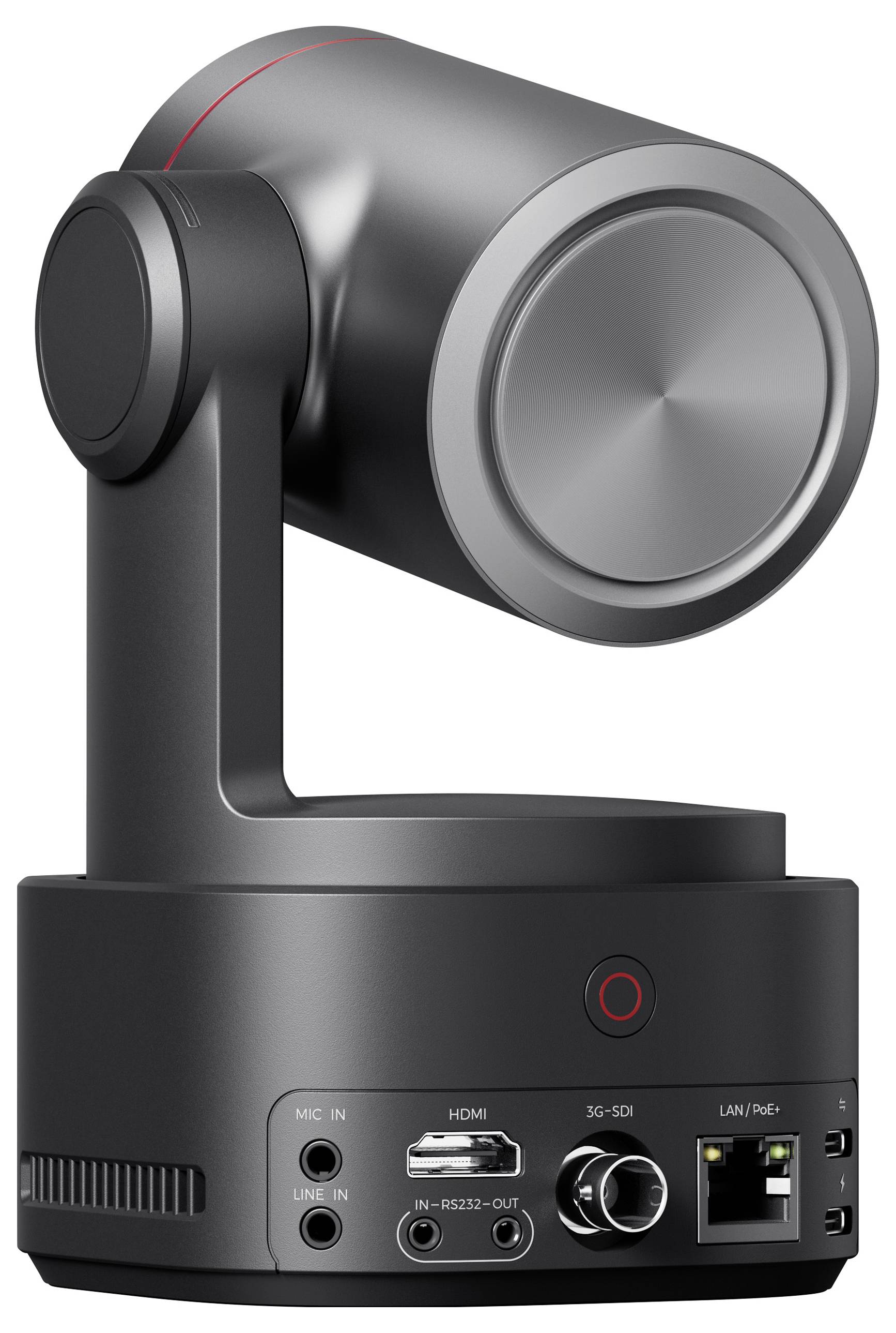Schwarze PTZ-Kamera, seitliche Ansicht. Anschlüsse auf der Rückseite: HDMI, 3G-SDI, LAN/PoE, Mikrofon. Elegantes, modernes Design.