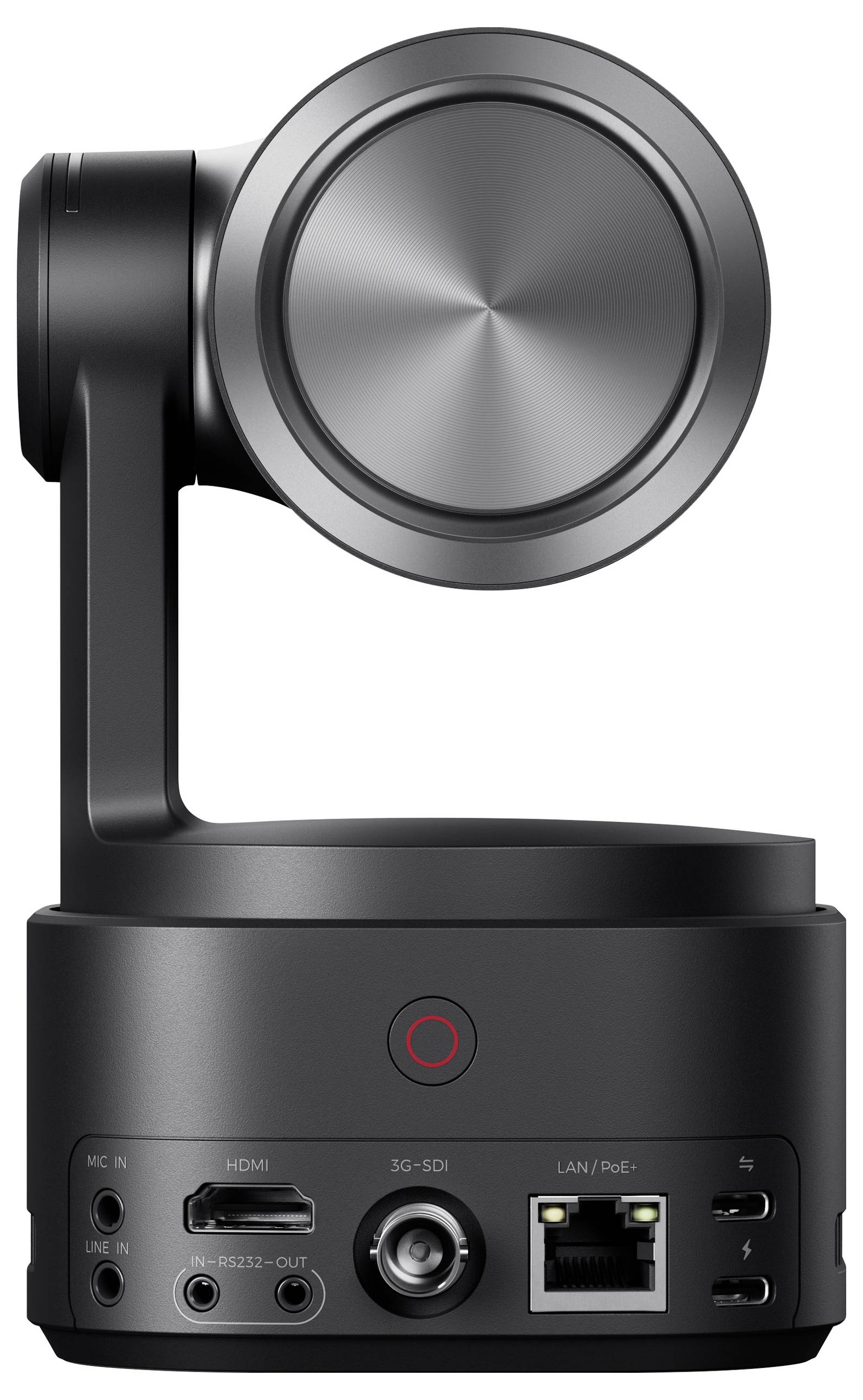 Schwarze, runde PTZ-Kamera mit Anschlussports für HDMI, SDI, LAN/PoE und anderen an der Rückseite, geeignet für Videoproduktion.