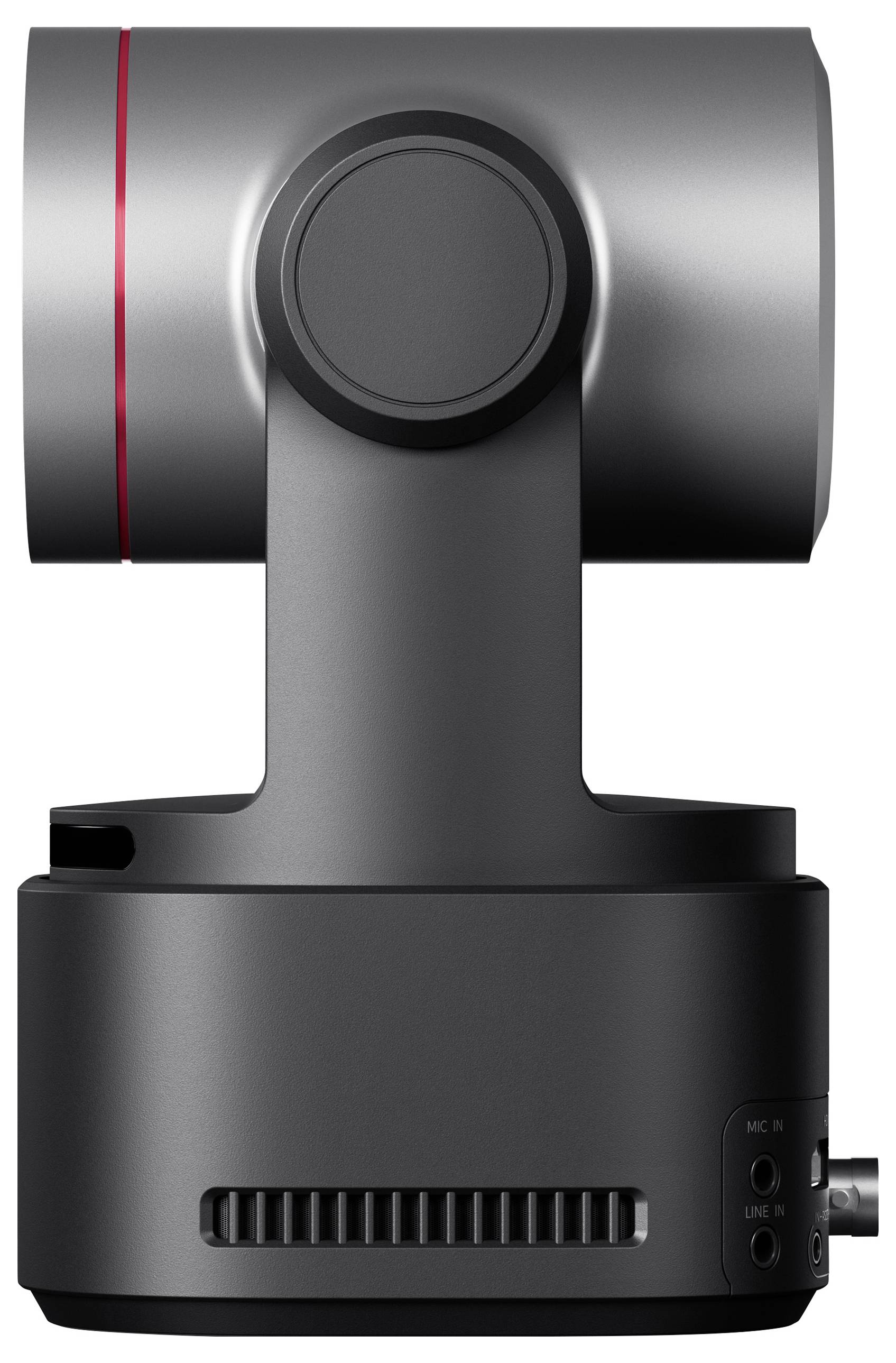 Eine graue, zylindrische Kamera mit einem schwarzen Sockel, möglicherweise für Videoaufnahmen oder Überwachung konzipiert.