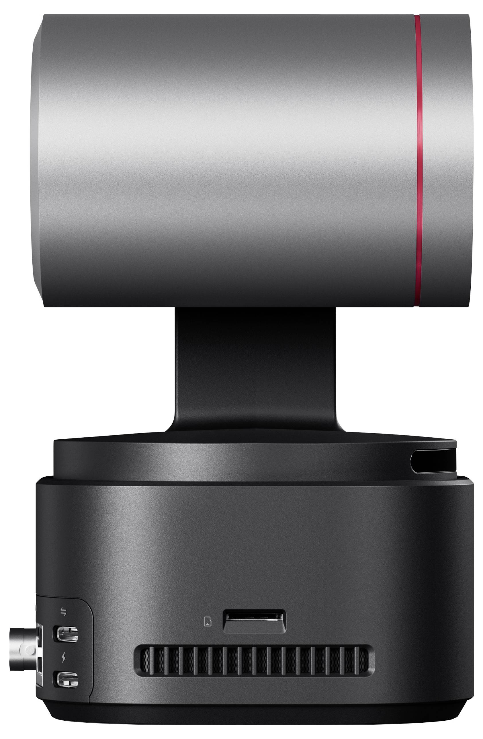 Eine kompakte, zylindrische Kamera mit einem silbernen Gehäuse und einem roten Akzent, erkennbar an verschiedenen Anschlüssen an der Basis.