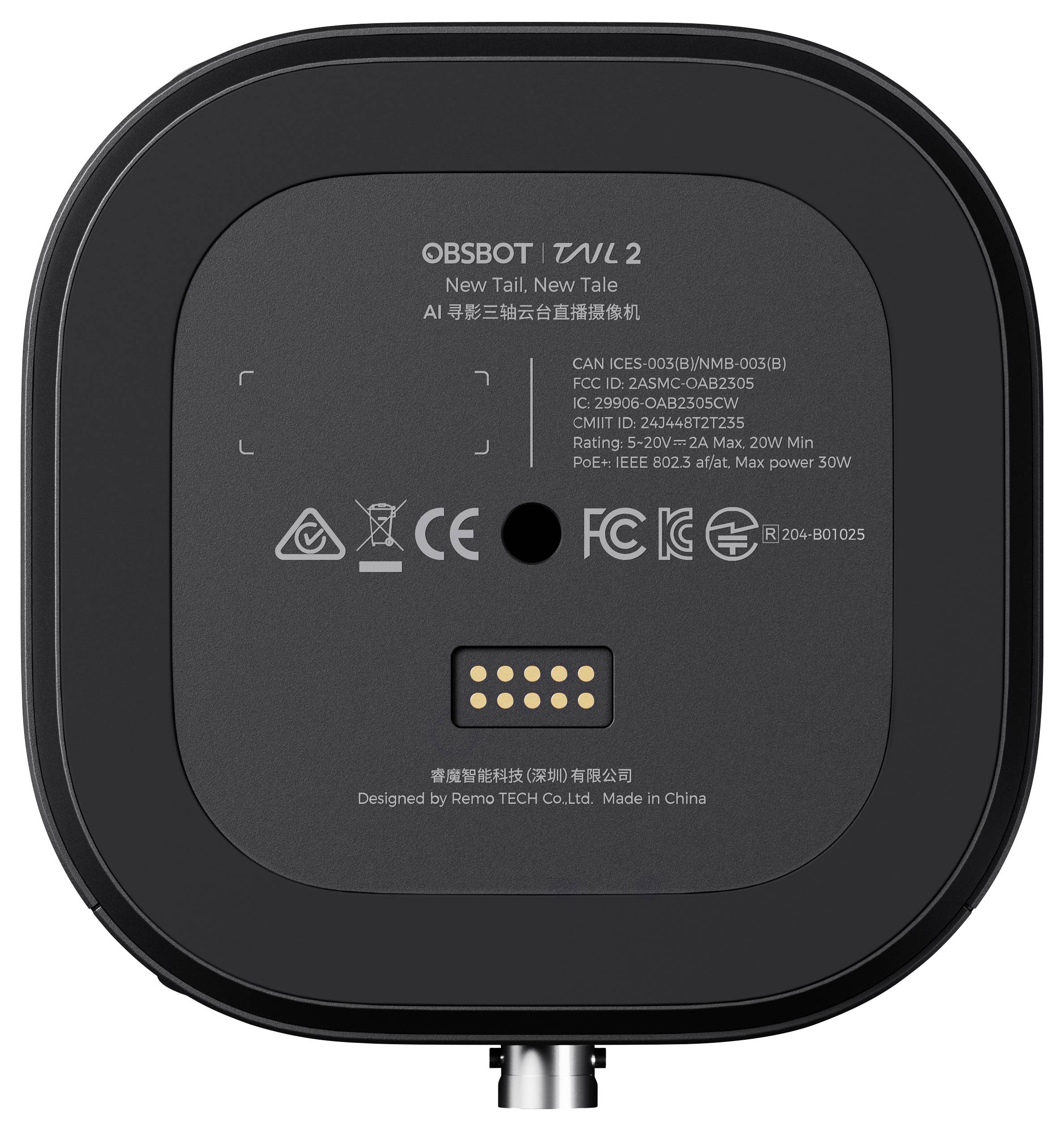 Rückseite einer OBSTOT TAIL 2 Kamera mit technischen Spezifikationen und Anschlussdetails. Markierung 'Designed by Remo Tech Ltd. Made in China'.