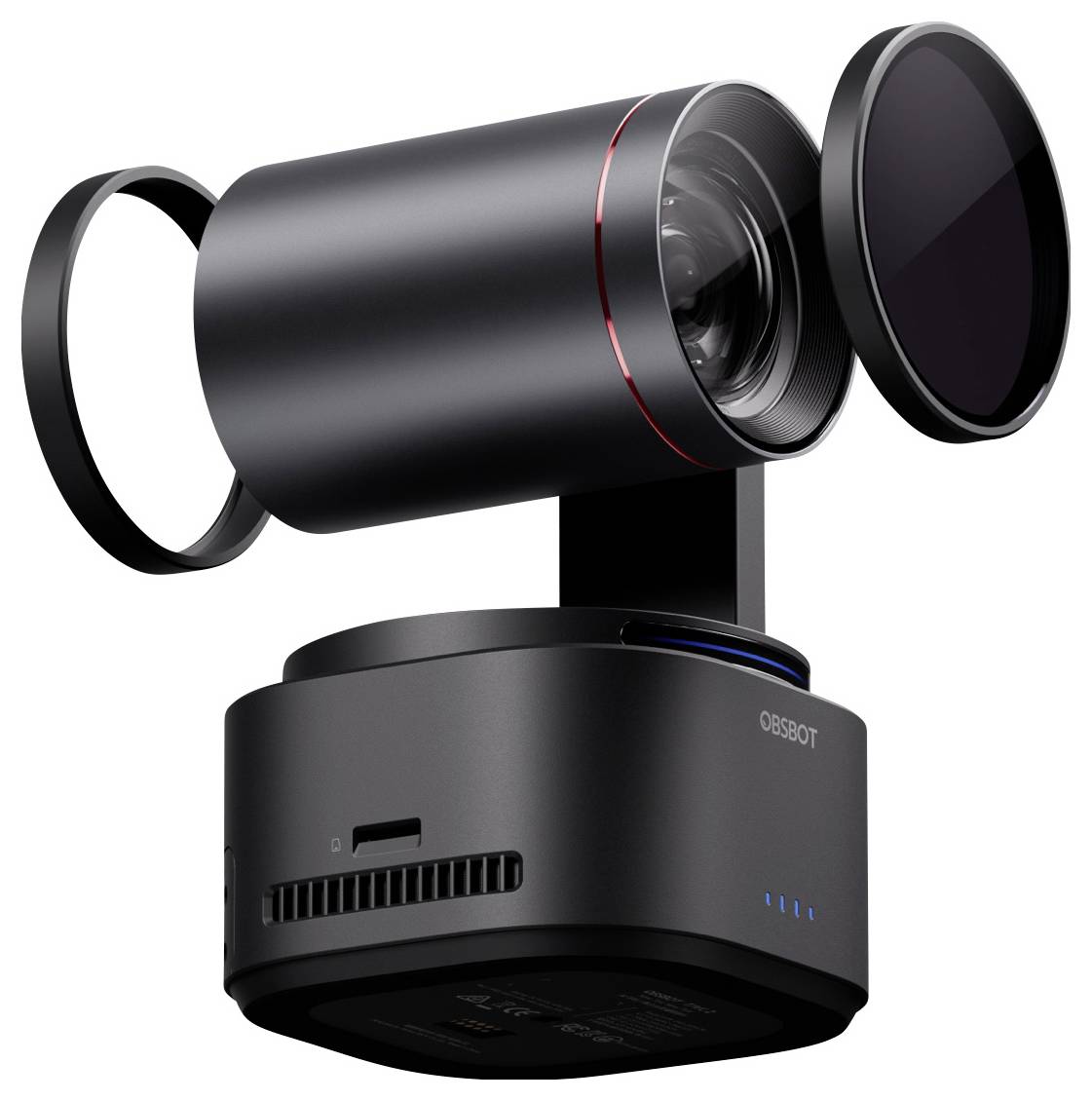 Schwarze, drehbare Webcam mit Objektiv und Basis. Hergestellt von Obsbots. Ideal für Videoaufnahmen oder Streaming.