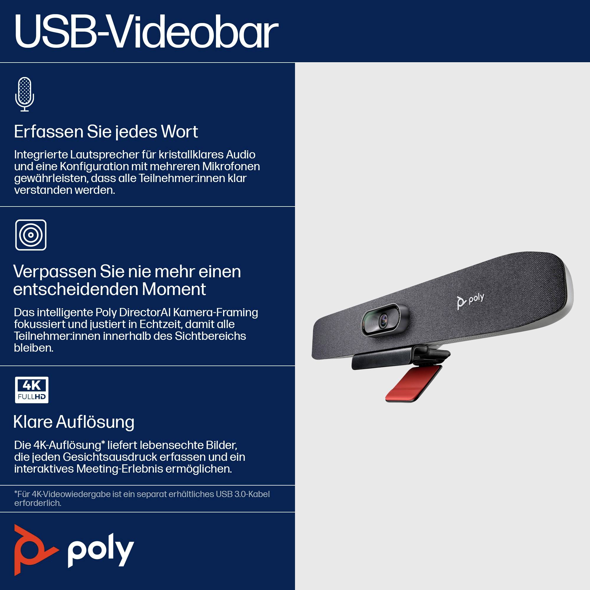 'USB-Videobar' mit integrierten Lautsprechern, Mikrofonen und Kamera. Unterstützt 4K-Auflösung für bessere Videoqualität.