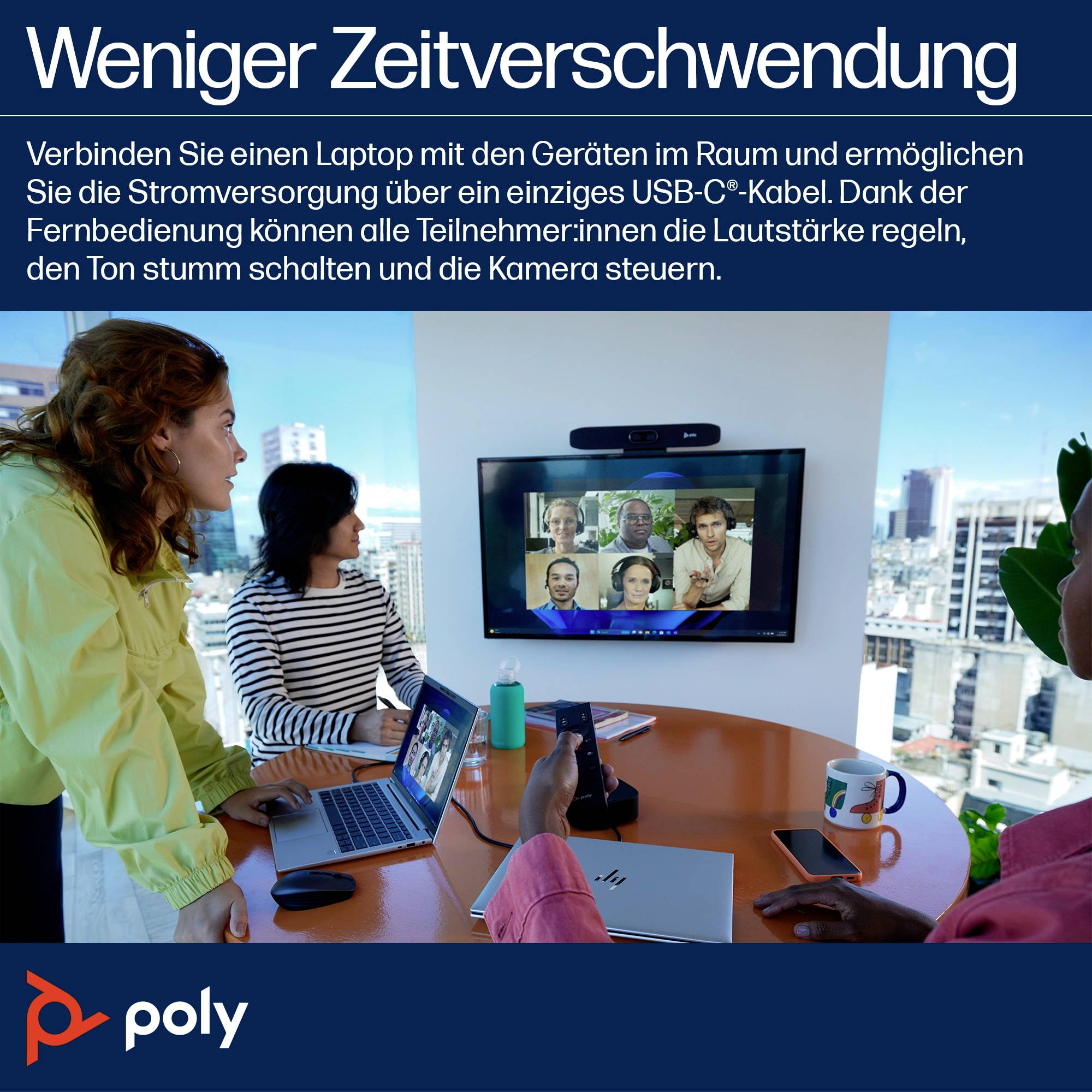 Eine Gruppe sitzt vor einem Bildschirm, auf dem ein Videocall läuft. Text: 'Weniger Zeitverschwendung' mit Hinweisen zur effizienten Nutzung.