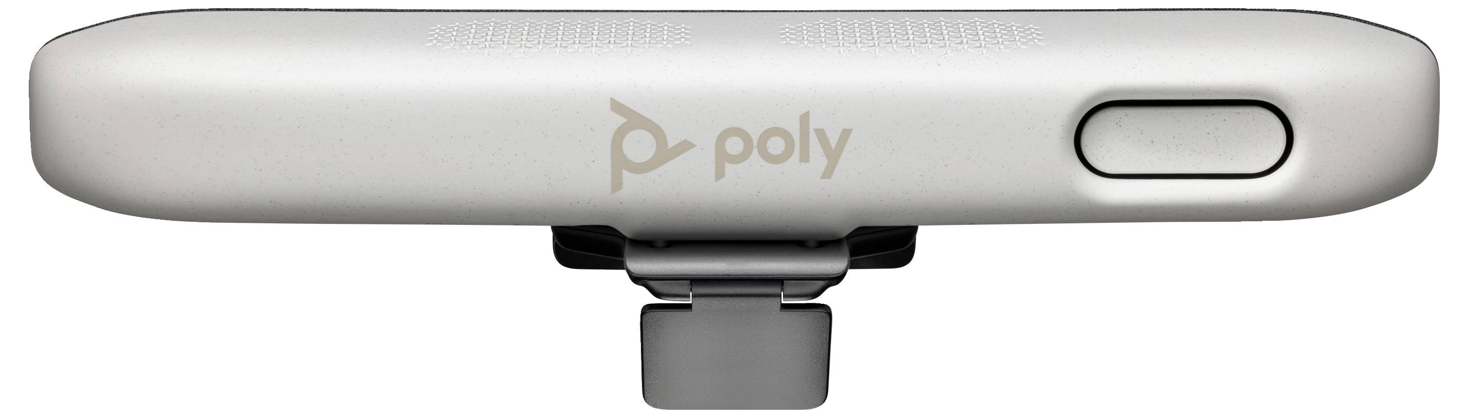 Ein silbernes, rechteckiges Gerät mit einem Knopf an der Seite und dem Logo 'poly'. Es erscheint kompakt und ist vermutlich technischer Natur.