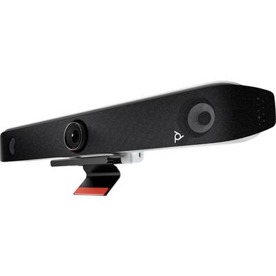 Eine schwarze Webcam mit rechteckigem Gehäuse und mehreren Linsen auf der Vorderseite, montiert auf einem roten Standfuß.